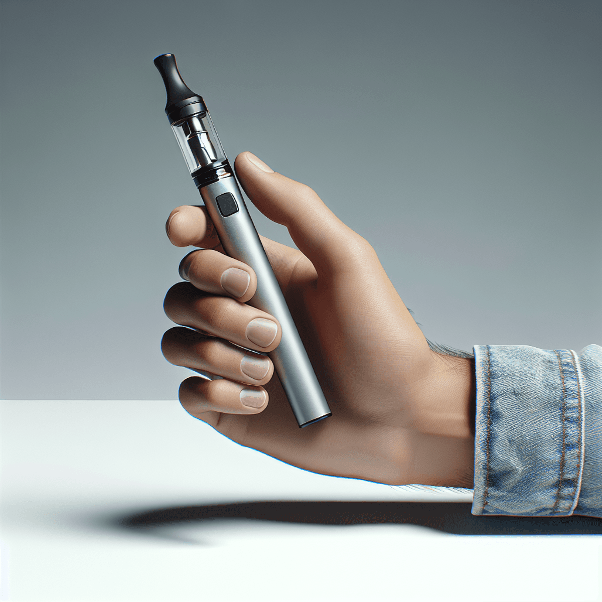 A sleek, modern disposable vape pen held in the hand of a Caucasian person against a clean, minimalist background, showcasing its design features and functionalities, exuding an atmosphere of ease and self-confidence for novice vapers.